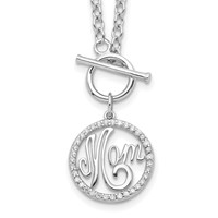 Sterling Silver Rhodium-plated Polished CZ Mom in Circle Toggle Necklace, 18" view 1