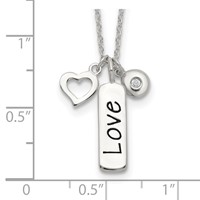 Sterling Silver Antiqued Polished CZ Love and Heart Necklace with 1 Inch Extension, 16" view 3
