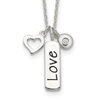Sterling Silver Antiqued Polished CZ Love and Heart Necklace with 1 Inch Extension, 16" view 1