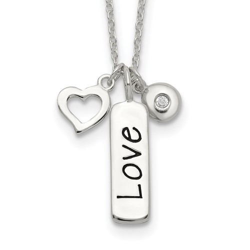 Sterling Silver Antiqued Polished CZ Love and Heart Necklace with 1 Inch Extension, 16"