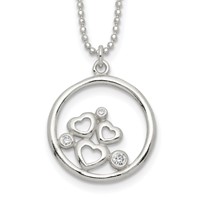 Sterling Silver Polished CZ Hearts in Circle Necklace, 18" view 1