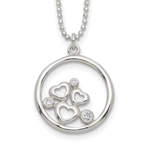 Sterling Silver Polished CZ Hearts in Circle Necklace, 18"