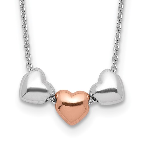 Sterling Silver Rhodium-plated Rose-tone 3-Hearts Necklace with 0.75 Inch Extension, 18"