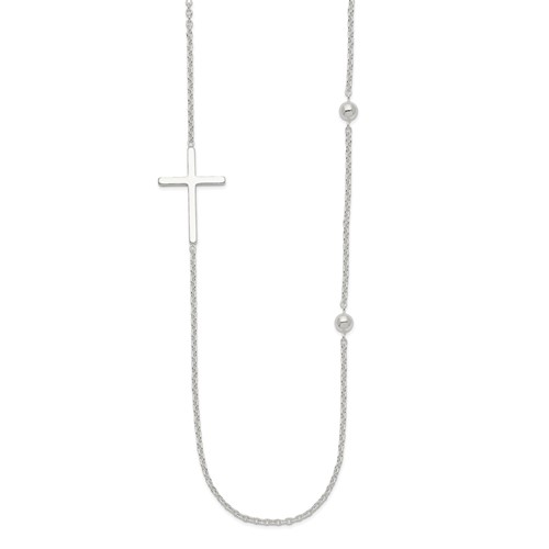Sterling Silver Polished Cross and Beads Necklace, 18"