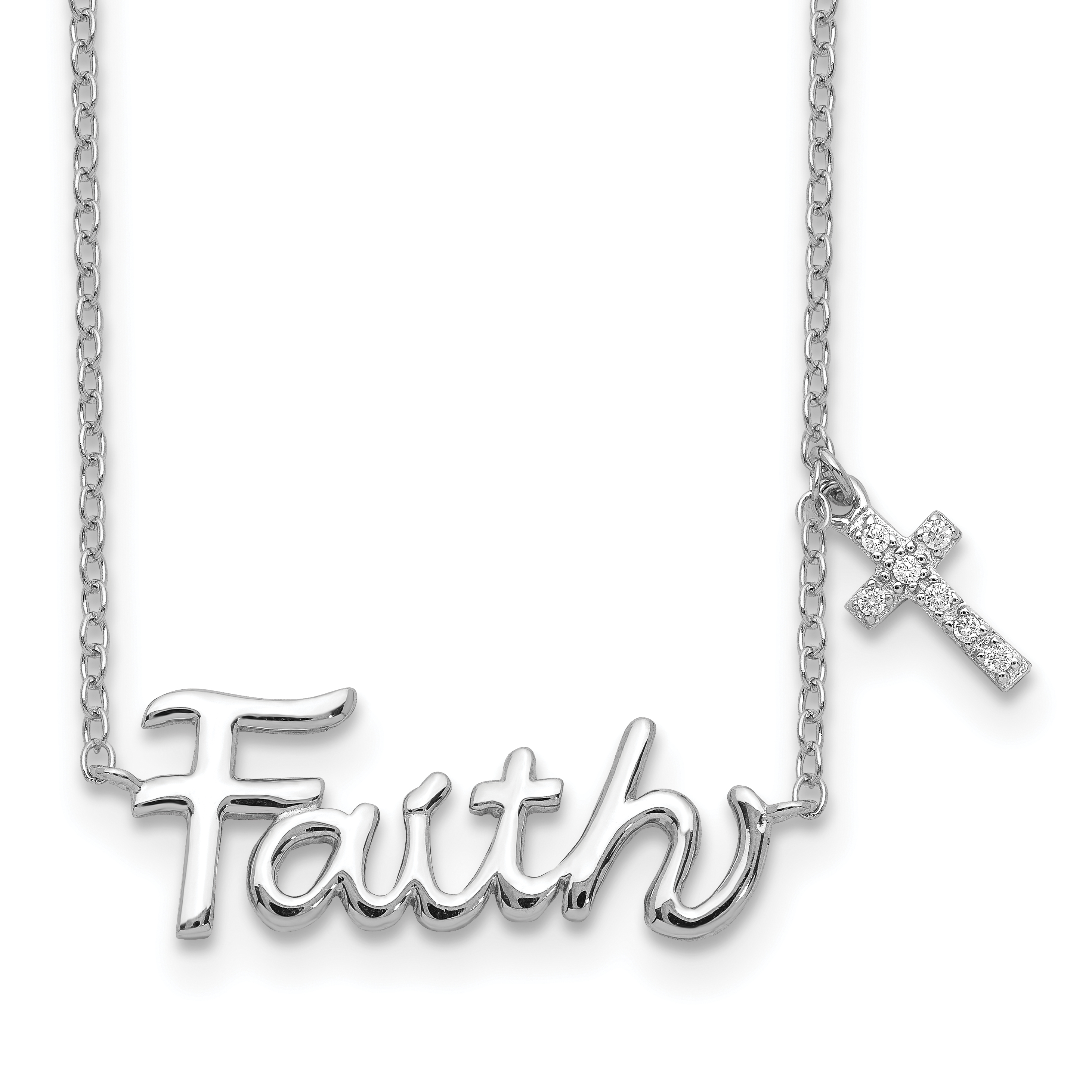 Sterling Silver Rhodium-plated FAITH w/CZ Cross Charm Necklace (QG4050-18)