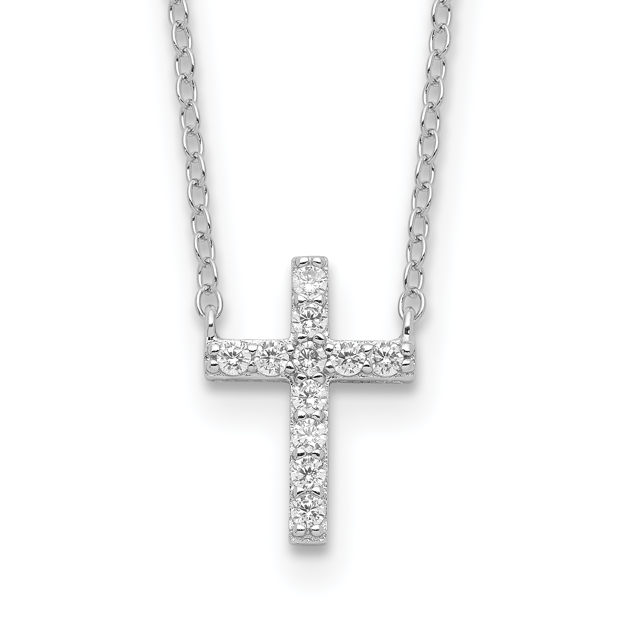 Sterling Silver Rhodium-plated CZ Cross w/2in ext. Necklace (QG4052-16)