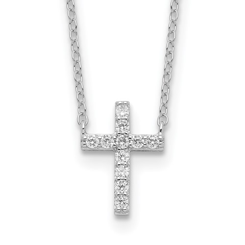 Sterling Silver Rhodium-plated CZ Cross Necklace with 2 Inch Extension, 16"