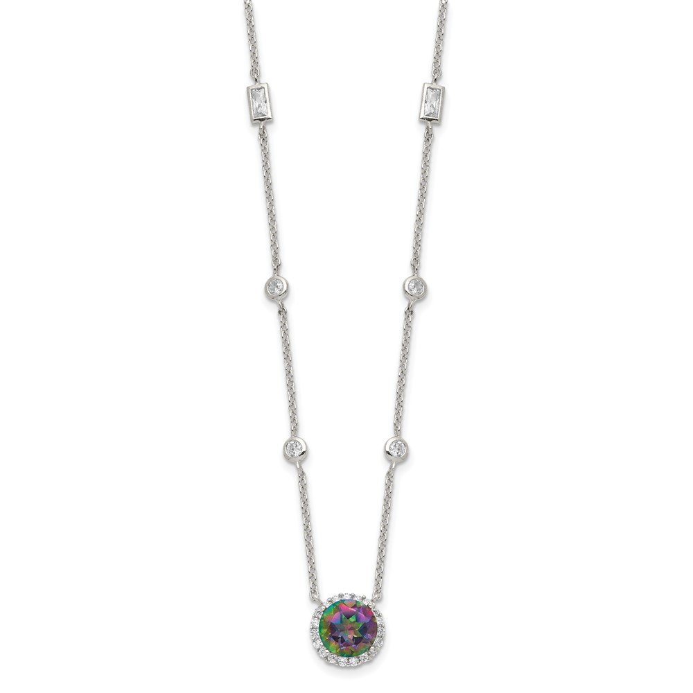 Sterling Silver RH-plated Dark Mystic CZ Halo Pendant on 10-Station Necklac (QG4056-18)