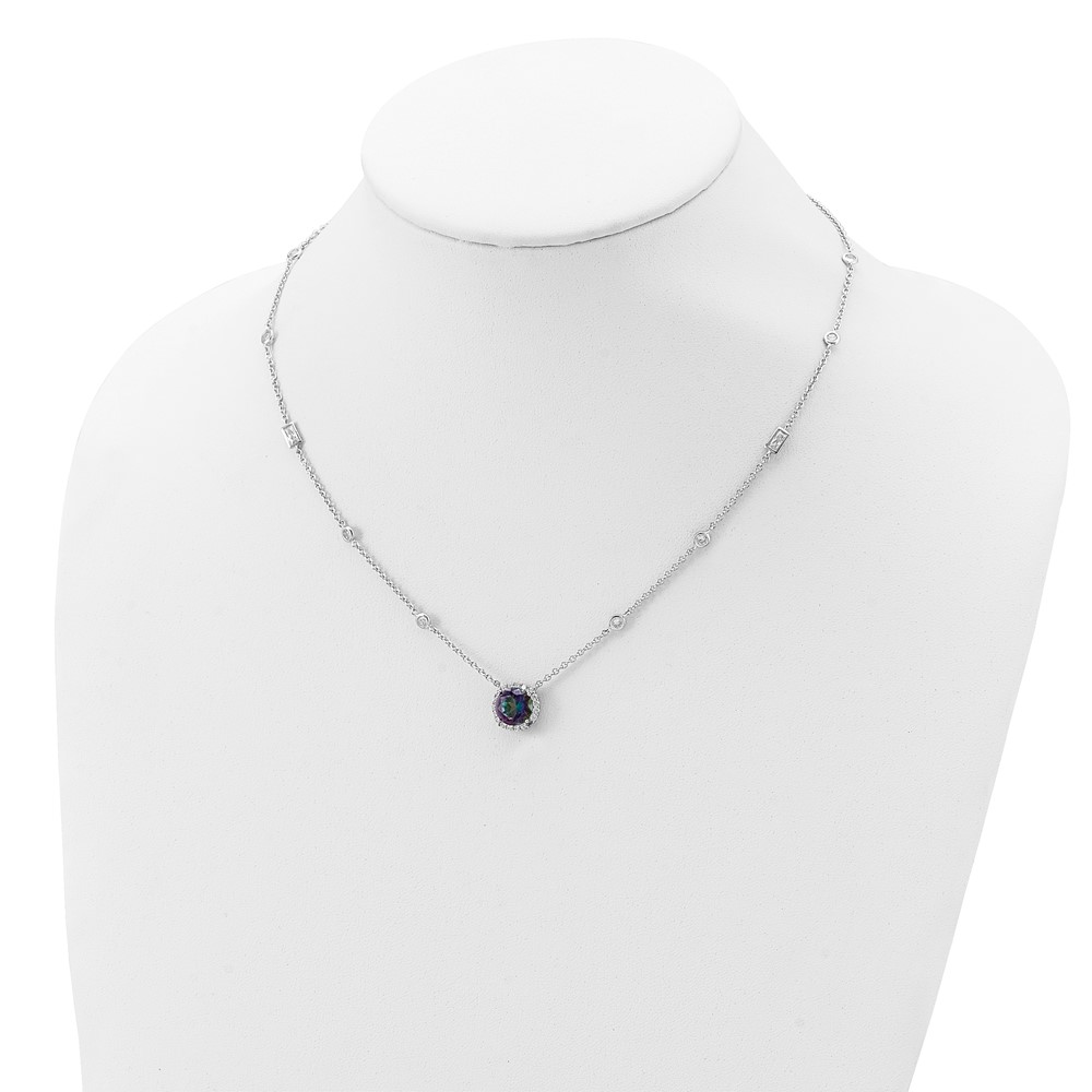 Sterling Silver RH-plated Dark Mystic CZ Halo Pendant on 10-Station Necklac (QG4056-18)