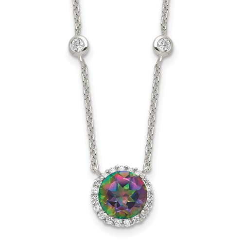 Sterling Silver Rhodium-plated Dark Mystic CZ Halo Pendant on 10-Station Necklace, 18"
