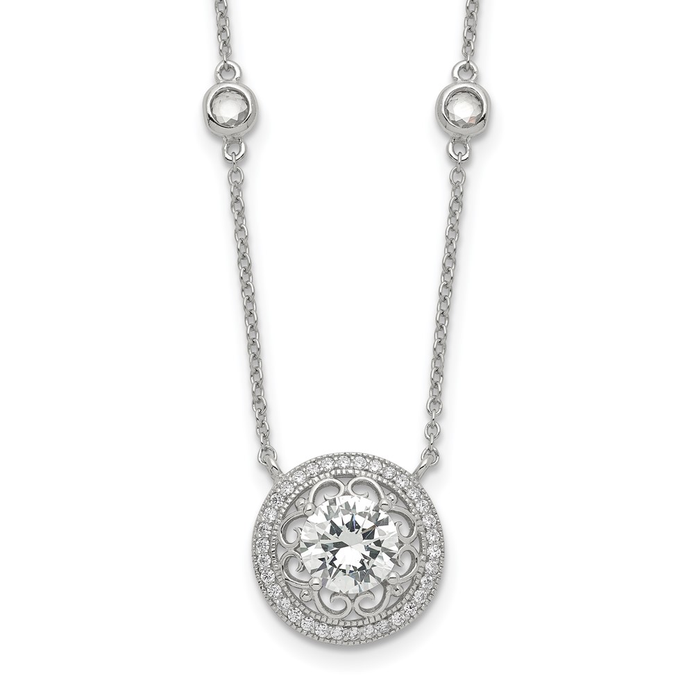 Sterling Silver Rhodium-plated Round CZ Filigree Pendant on 4-Station Chain Necklace with 2 Inch Extension, 16"