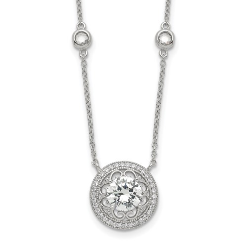 Sterling Silver Rhodium-plated Round CZ Filigree Pendant on 4-Station Chain Necklace with 2 Inch Extension, 16"