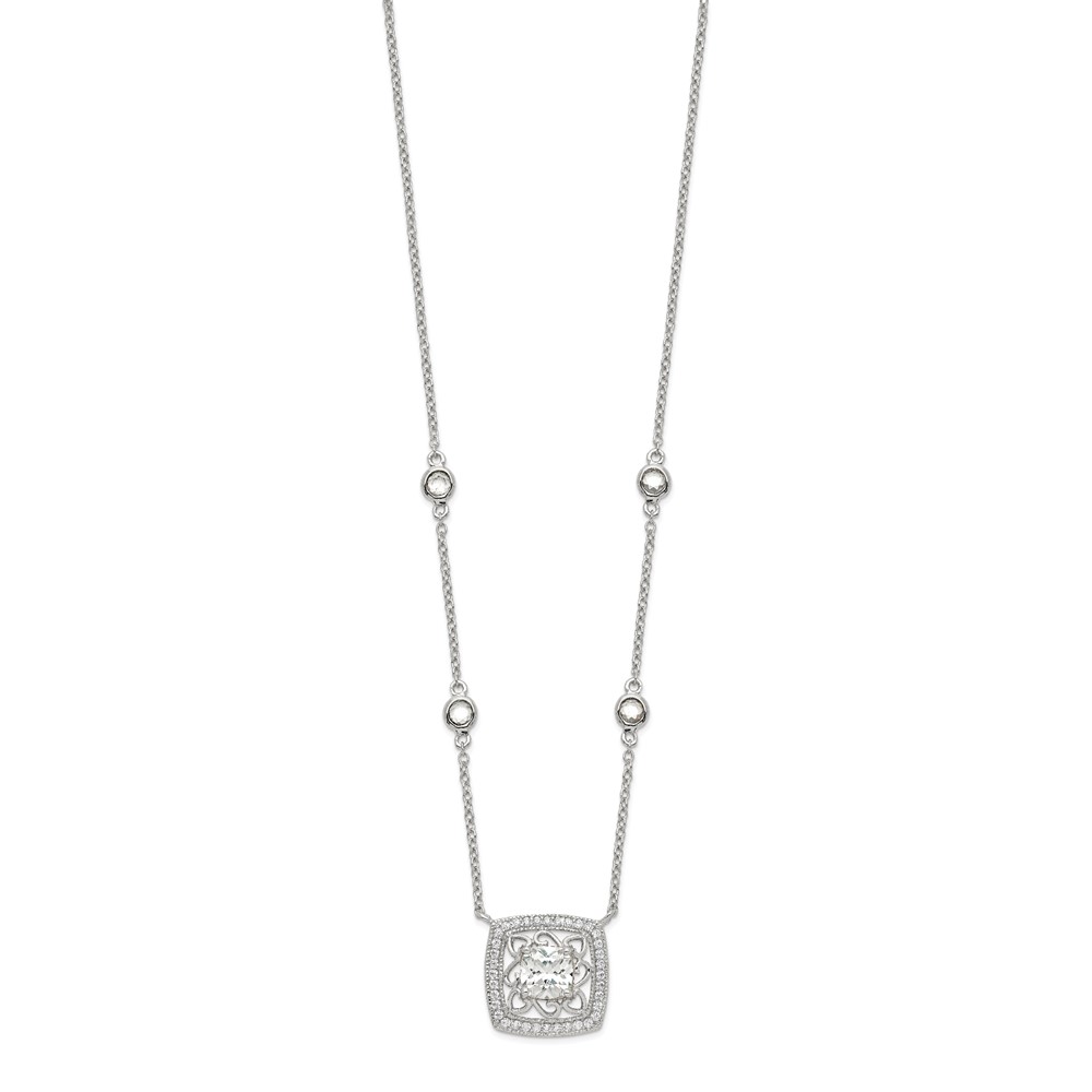 Sterling Silver Rhod-pltd Square CZ Pendant w/2in ext 4-Station Necklace (QG4059-16)