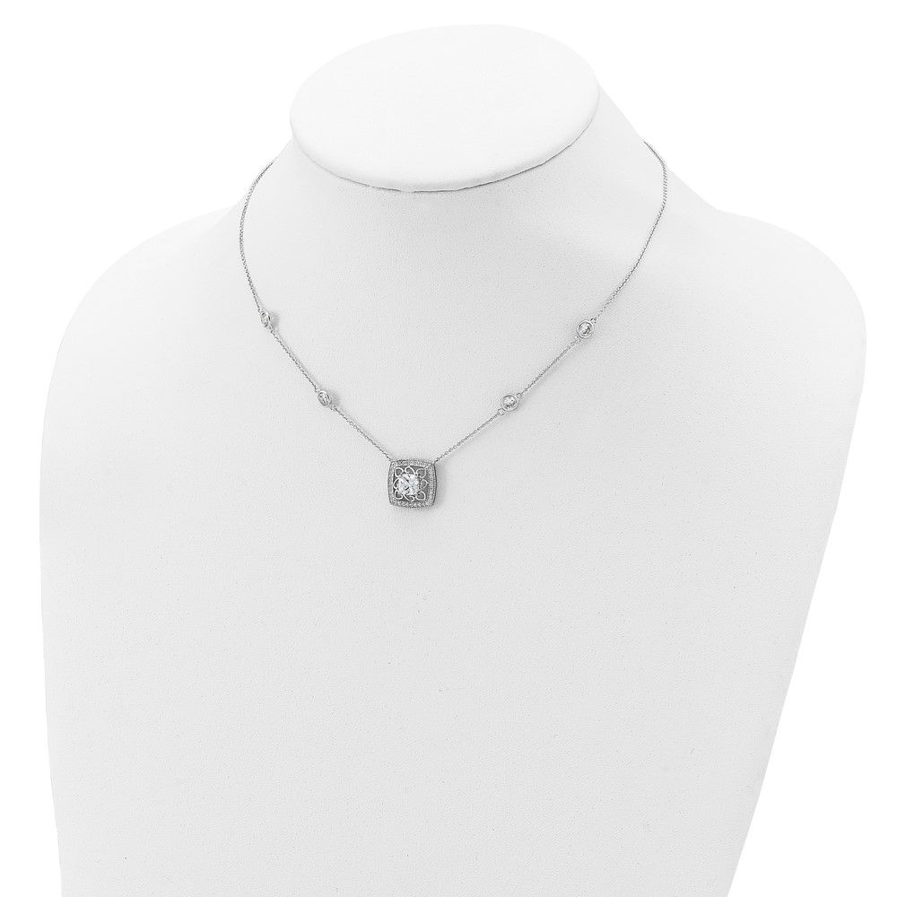 Sterling Silver Rhod-pltd Square CZ Pendant w/2in ext 4-Station Necklace (QG4059-16)