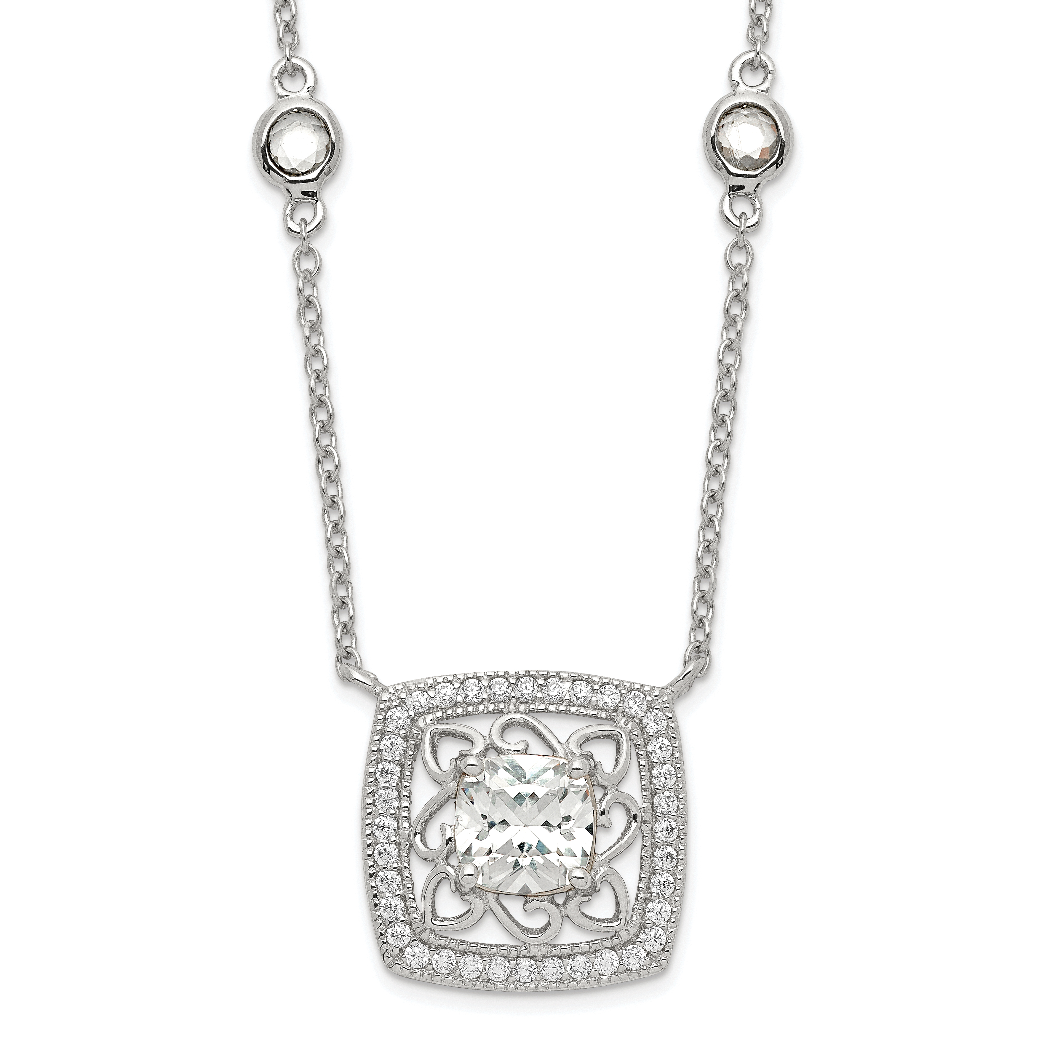 Sterling Silver Rhod-pltd Square CZ Pendant w/2in ext 4-Station Necklace (QG4059-16)
