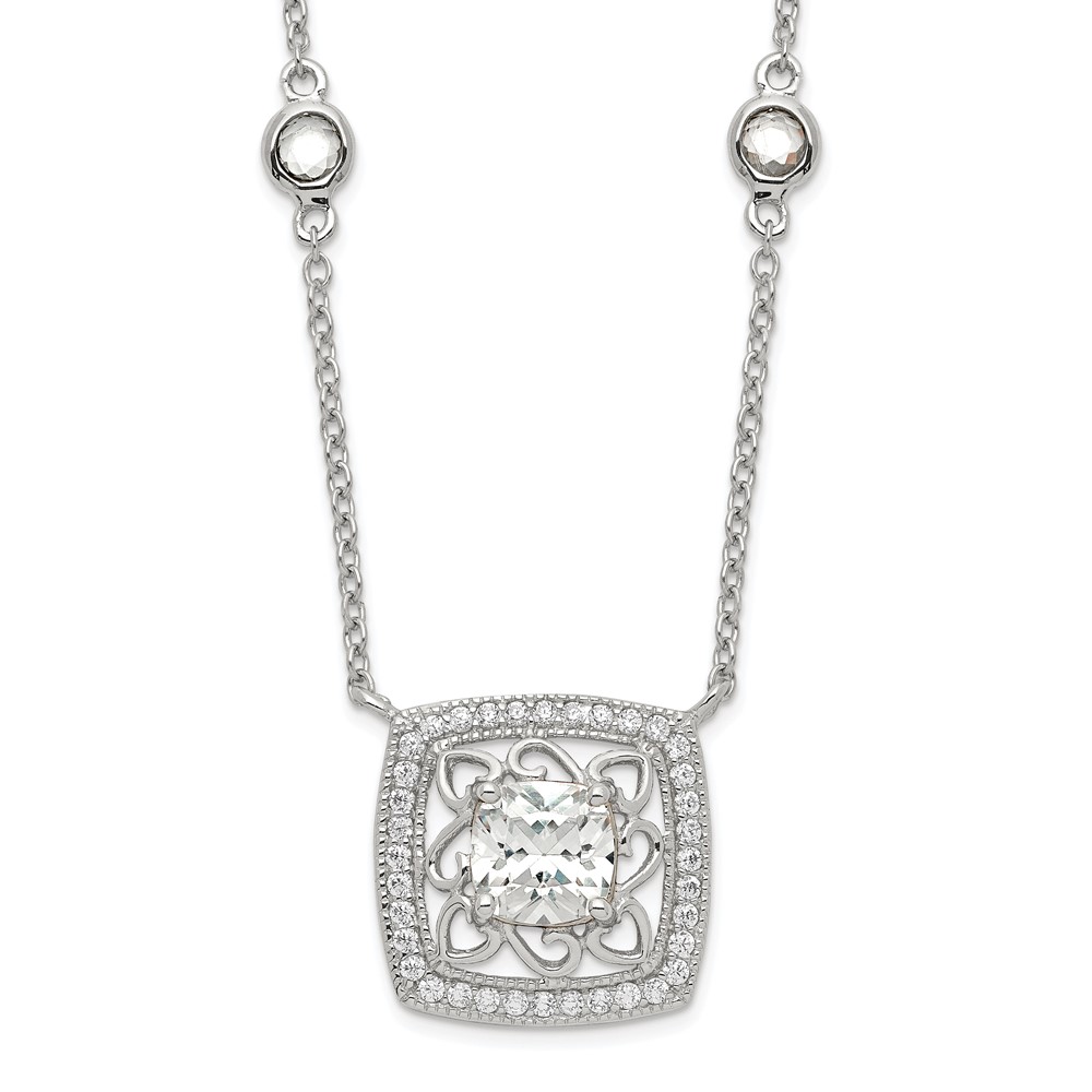 Sterling Silver Rhod-pltd Square CZ Pendant w/2in ext 4-Station Necklace (QG4059-16)