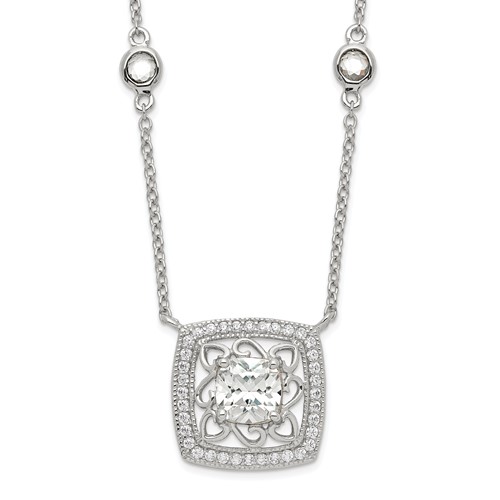 Sterling Silver Rhodium-plated Square CZ Filigree Pendant on 4-Station Chain Necklace with 2 Inch Extension, 16"