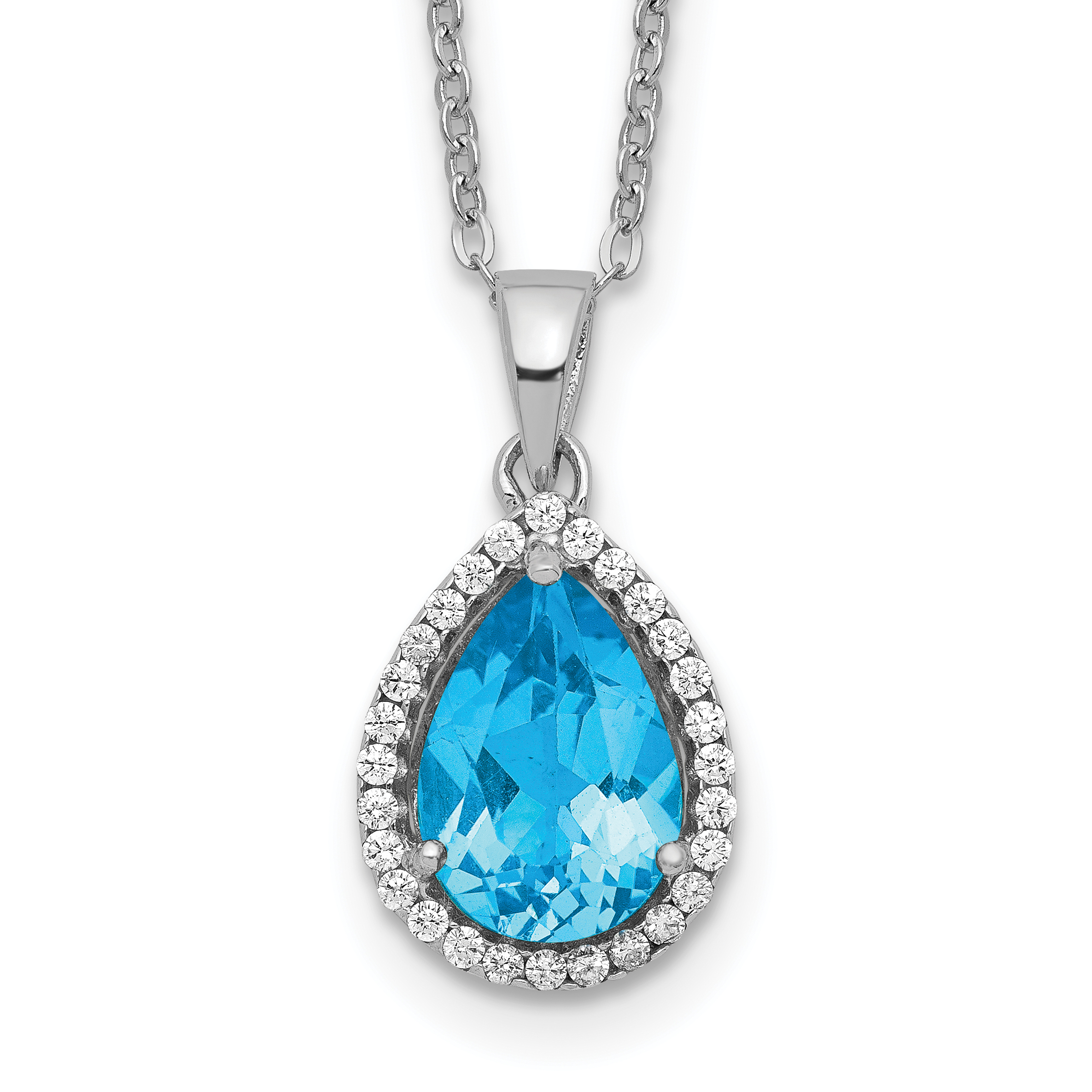 Sterling Silver Rhodium Polished Blue Topaz & CZ Necklace (QG4069DEC-18)