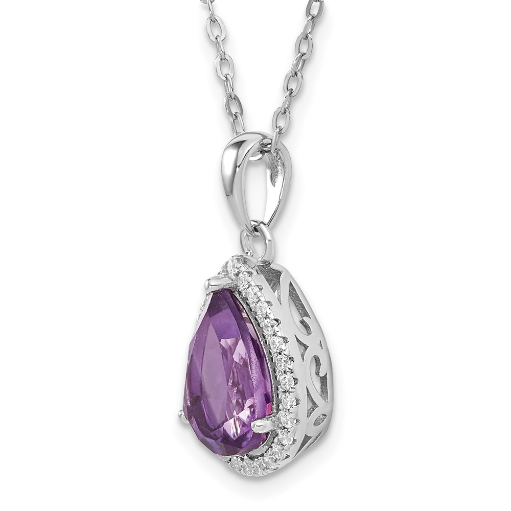 Sterling Silver Rhodium Polished Amethyst & CZ Necklace (QG4069FEB-18)