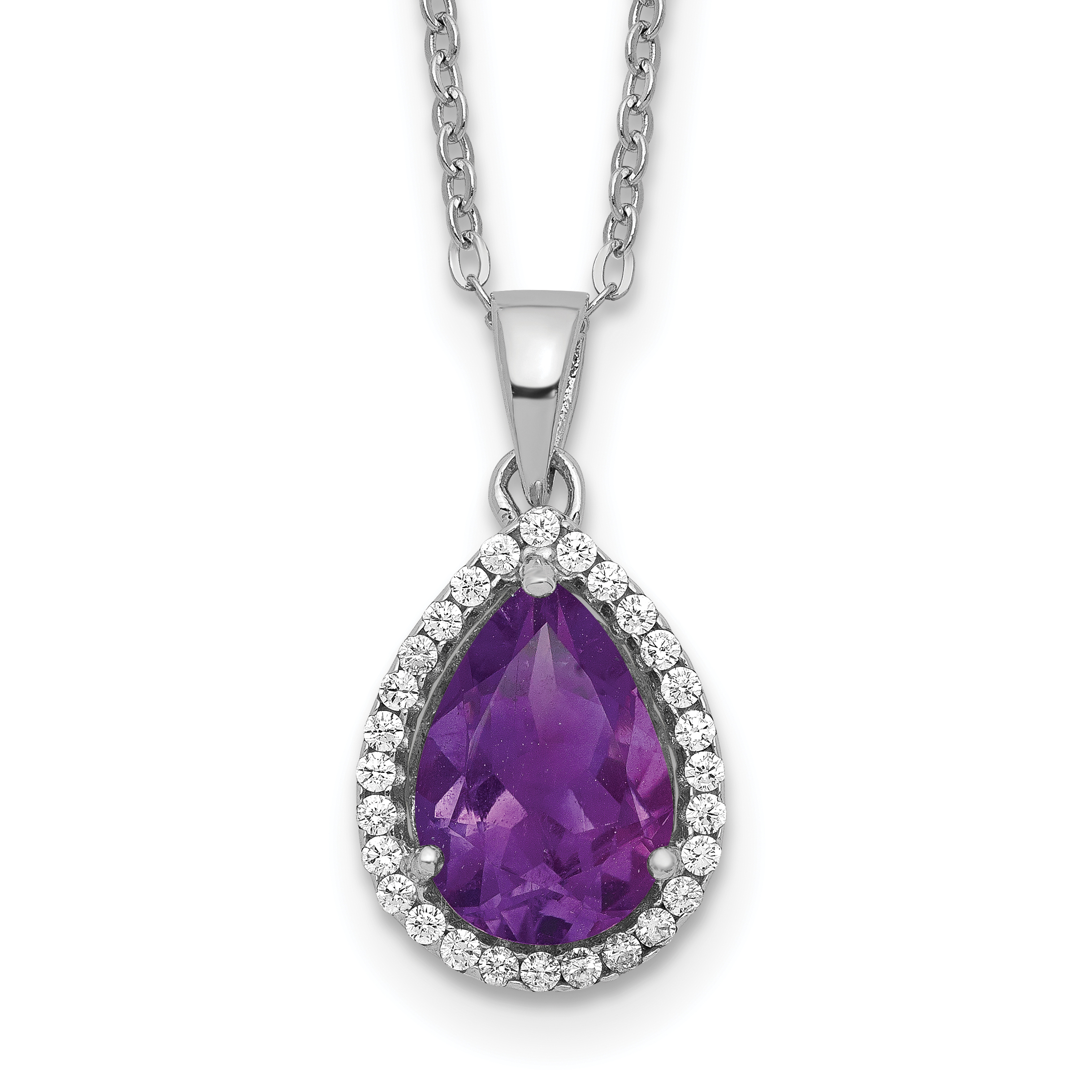 Sterling Silver Rhodium Polished Amethyst & CZ Necklace (QG4069FEB-18)