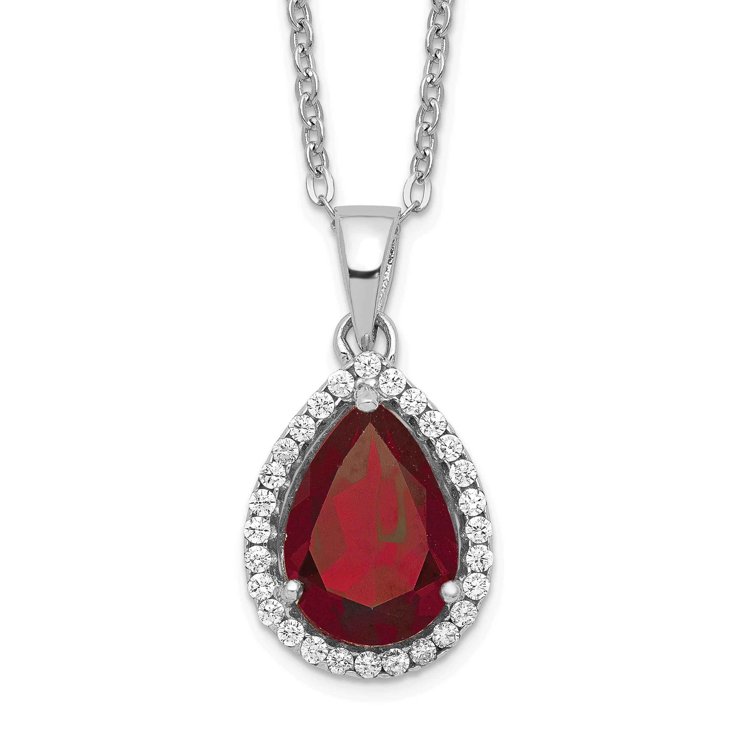 Sterling Silver Rhodium Polished Garnet & CZ Necklace (QG4069JAN-18)