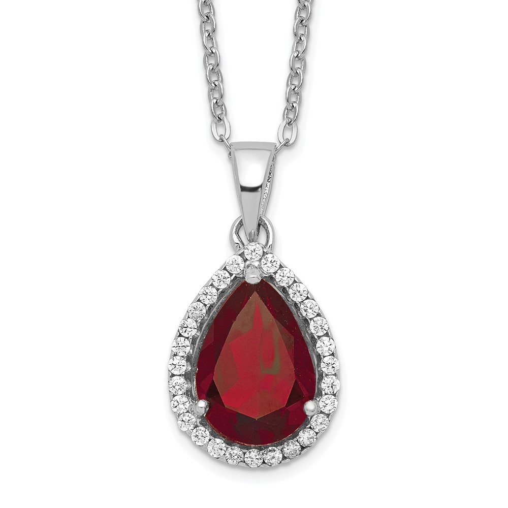 Sterling Silver Rhodium Polished Garnet & CZ Necklace (QG4069JAN-18)