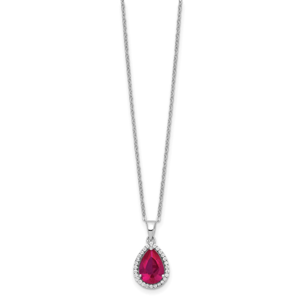 Sterling Silver 18in Rhodium Plated Polished Clear CZ and Lab Created Ruby Pear Shaped Necklace (QG4069JUL-18)