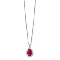 Sterling Silver Rhodium Plated Polished Clear CZ and Lab Created Ruby Pear Shaped Necklace, 18" view 2