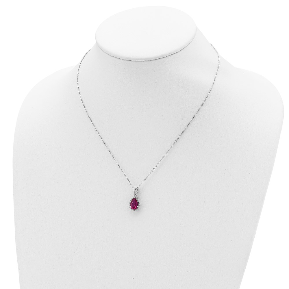 Sterling Silver 18in Rhodium Plated Polished Clear CZ and Lab Created Ruby Pear Shaped Necklace (QG4069JUL-18)