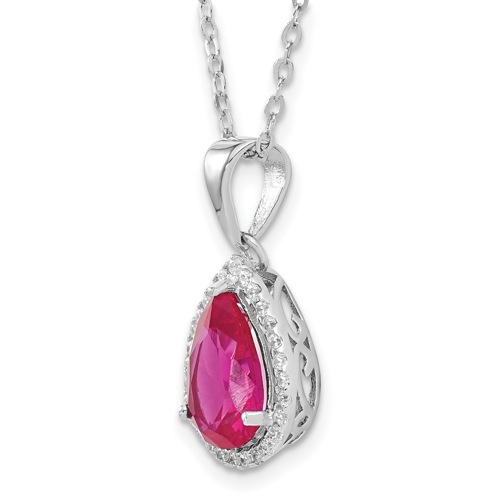Sterling Silver 18in Rhodium Plated Polished Clear CZ and Lab Created Ruby Pear Shaped Necklace (QG4069JUL-18)