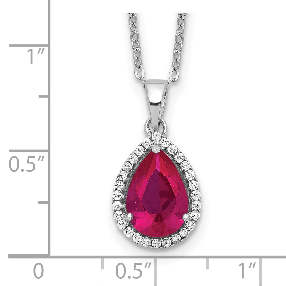 Sterling Silver 18in Rhodium Plated Polished Clear CZ and Lab Created Ruby Pear Shaped Necklace (QG4069JUL-18)