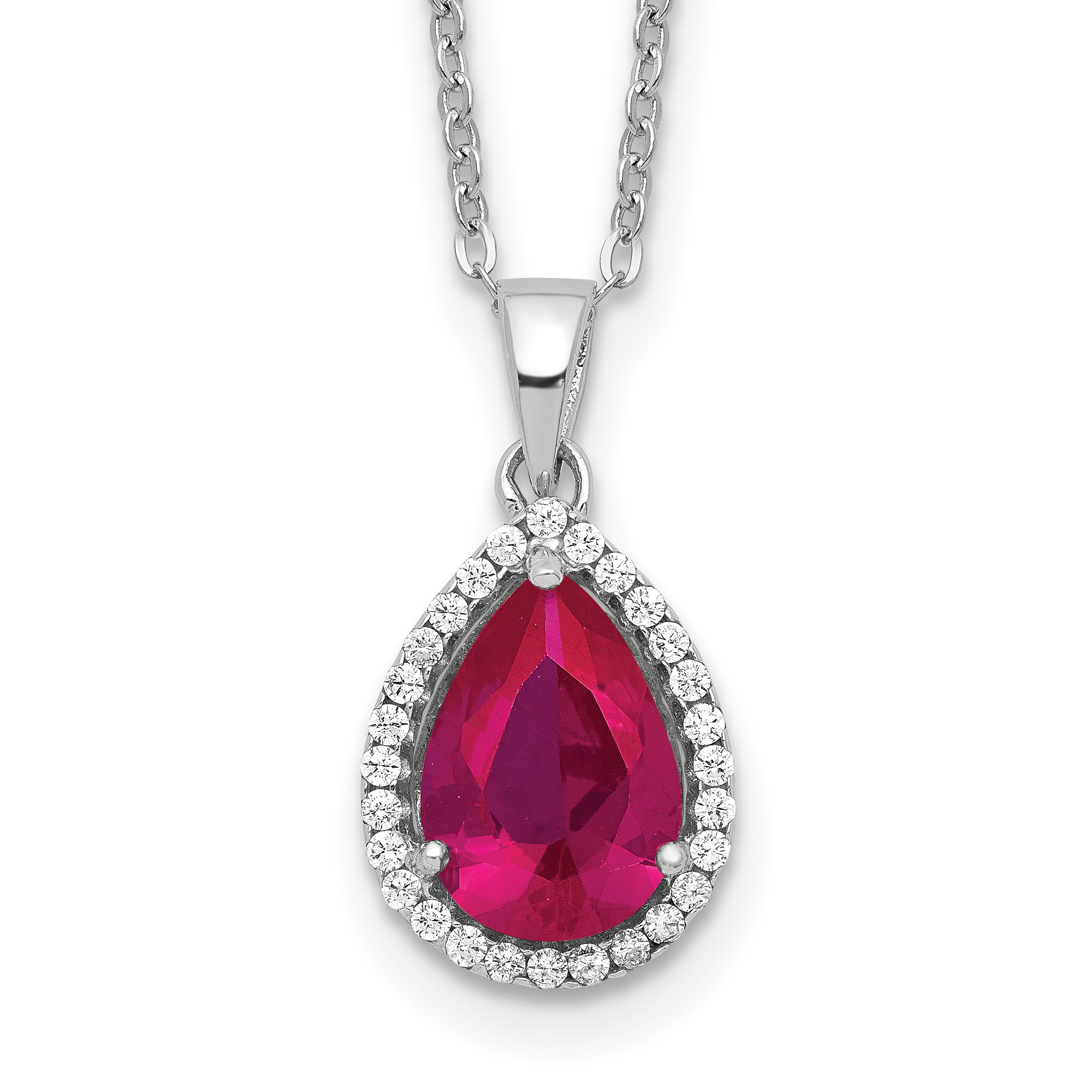 Sterling Silver 18in Rhodium Plated Polished Clear CZ and Lab Created Ruby Pear Shaped Necklace (QG4069JUL-18)