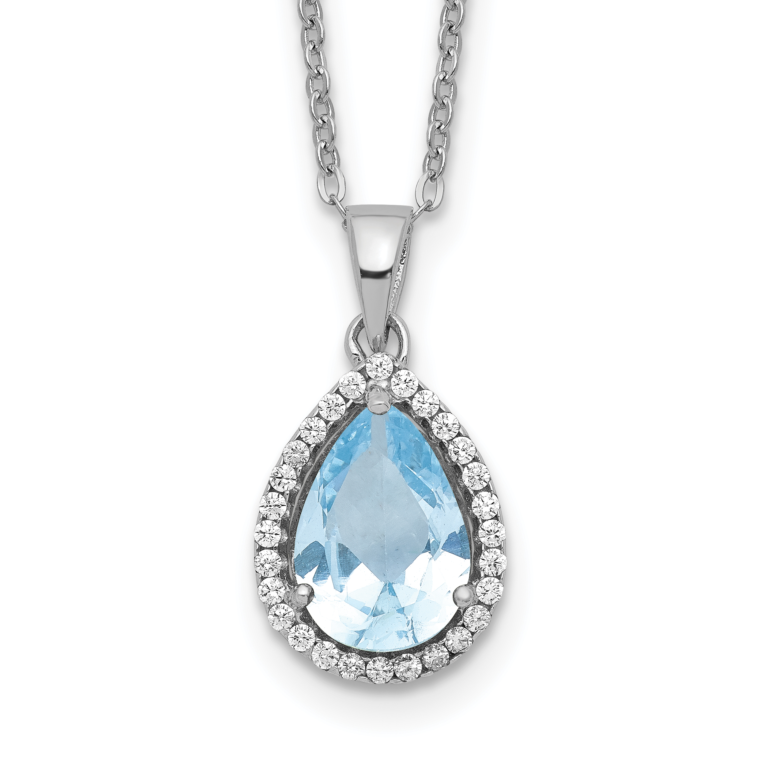 Sterling Silver Rhodium Polished Imitation Aquamarine & CZ Necklace (QG4069MAR-18)