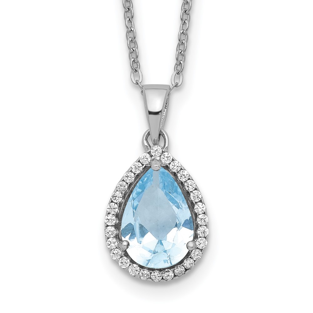 Sterling Silver Rhodium Polished Imitation Aquamarine & CZ Necklace (QG4069MAR-18)