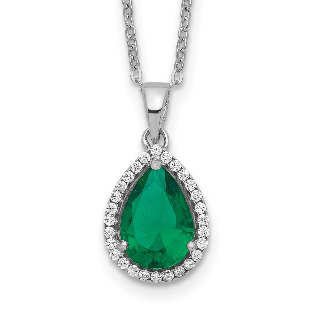 Sterling Silver Rhodium Simulated Emerald & CZ Necklace (QG4069MAY-18)