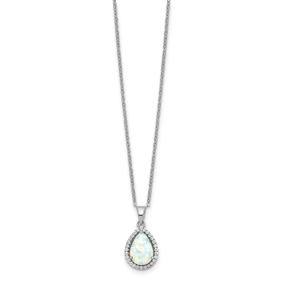 Sterling Silver Rhodium Polished Simulated Opal & CZ Necklace (QG4069OCT-18)