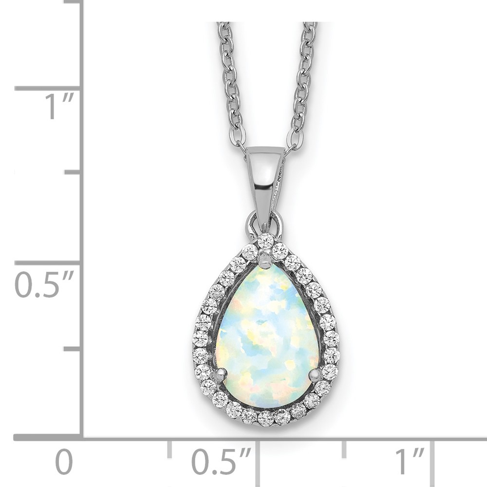 Sterling Silver Rhodium Polished Simulated Opal & CZ Necklace (QG4069OCT-18)