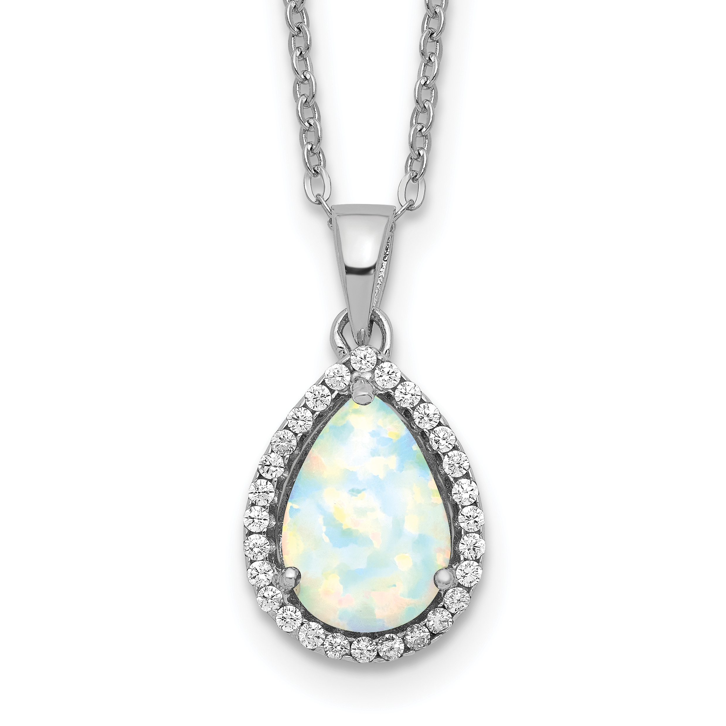 Sterling Silver Rhodium Polished Simulated Opal & CZ Necklace (QG4069OCT-18)
