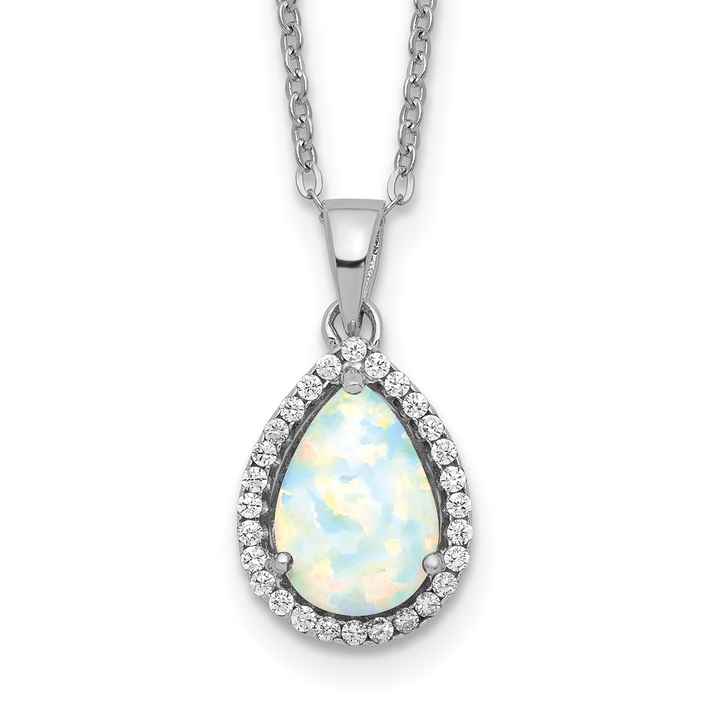 Sterling Silver Rhodium Polished Simulated Opal & CZ Necklace (QG4069OCT-18)