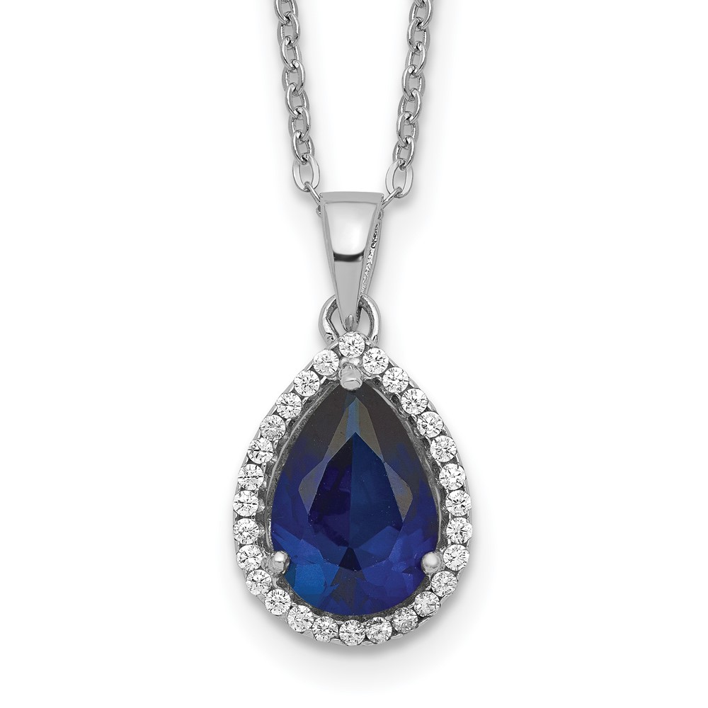 Sterling Silver Rhodium Created Sapphire & CZ Necklace (QG4069SEP-18)