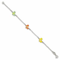 Sterling Silver Polished Multi-color Enamel Butterflies Bracelet, 6" view 2