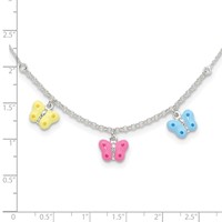 Sterling Silver Polished Yellow, Pink and Blue Enameled Three Butterfly Children's Necklace view 2