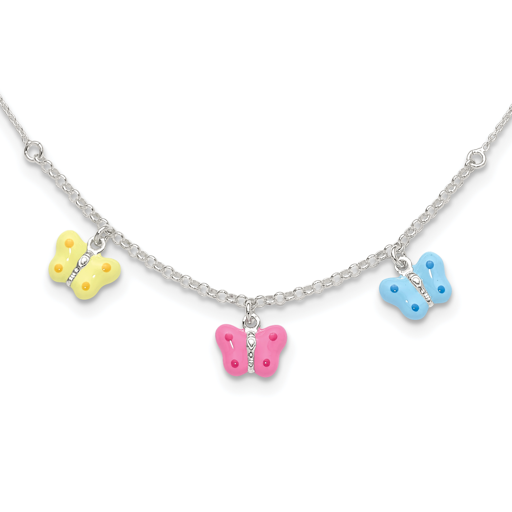 Sterling Silver Polished Yellow, Pink and Blue Enameled Three Butterfly Children's Necklace (QG4079-14)