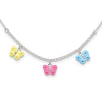 Sterling Silver Polished Yellow, Pink and Blue Enameled Three Butterfly Children's Necklace view 1