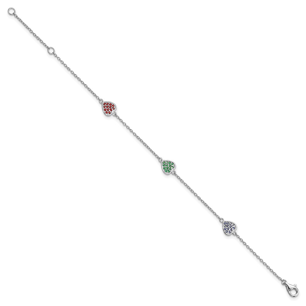 Sterling Silver Rhodium-plated Red, Green and Blue Glass Hearts with 1 Inch Extension Bracelet (QG4080-6)