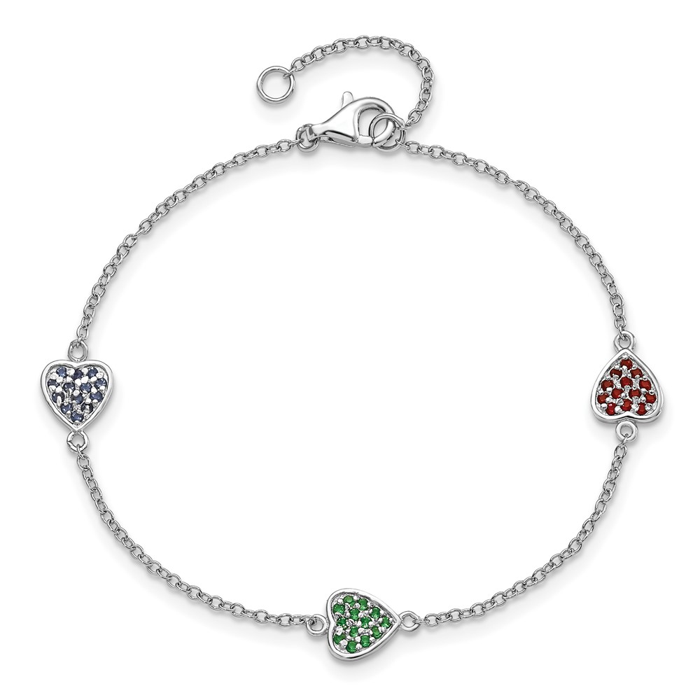 Sterling Silver Rhodium-plated Red, Green and Blue Glass Hearts with 1 Inch Extension Bracelet (QG4080-6)