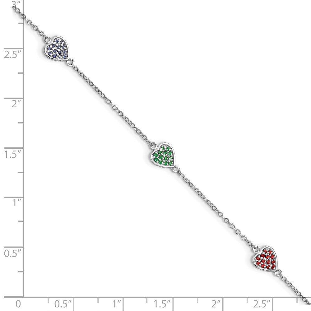 Sterling Silver Rhodium-plated Red, Green and Blue Glass Hearts with 1 Inch Extension Bracelet (QG4080-6)