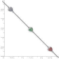 Sterling Silver Rhodium-plated Red, Green and Blue Glass Hearts Bracelet with 1 Inch Extension, 6" view 3