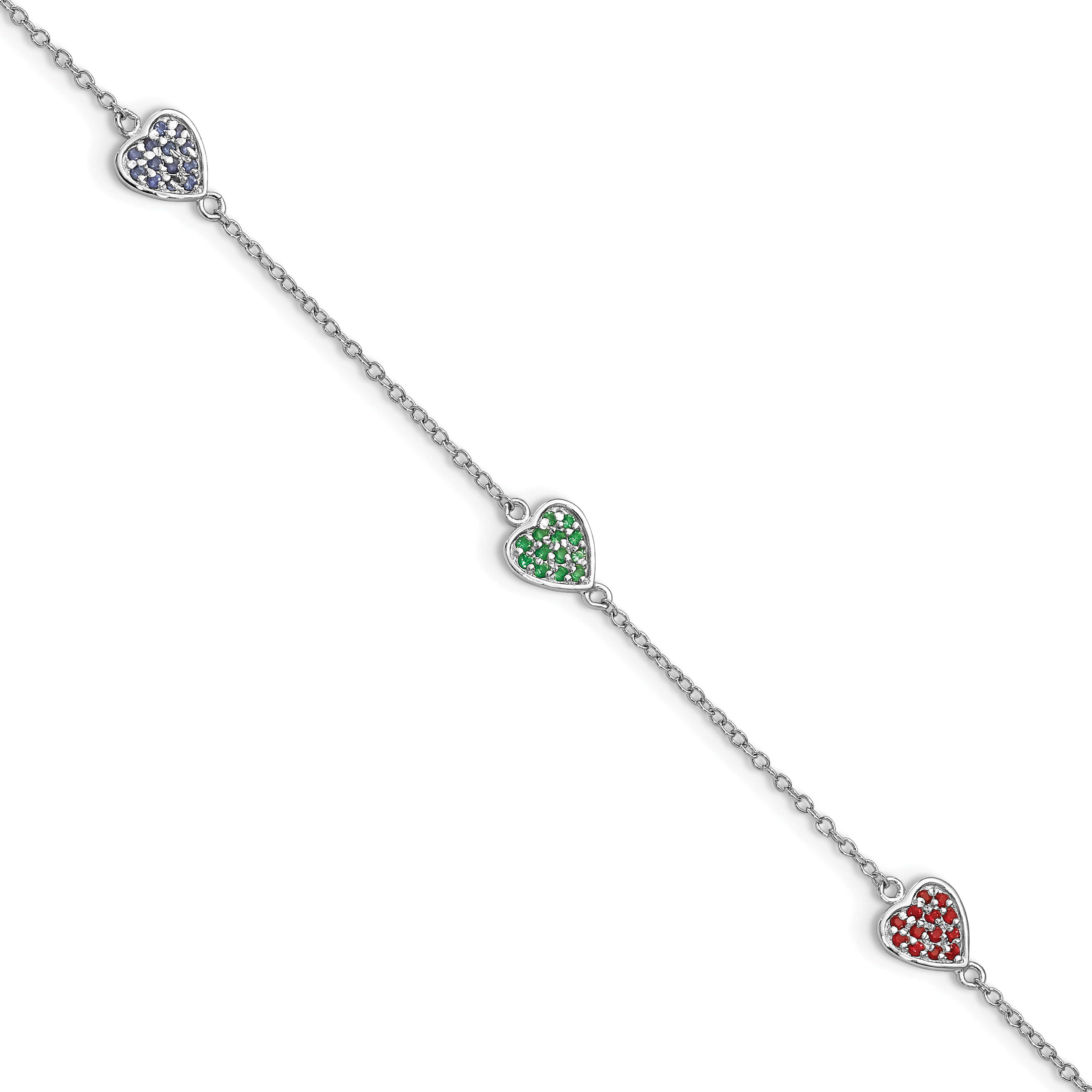 Sterling Silver Rhodium-plated Red, Green and Blue Glass Hearts with 1 Inch Extension Bracelet (QG4080-6)