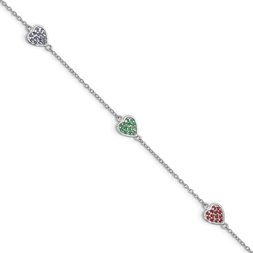 Sterling Silver Rhodium-plated Red, Green and Blue Glass Hearts with 1 Inch Extension Bracelet (QG4080-6)